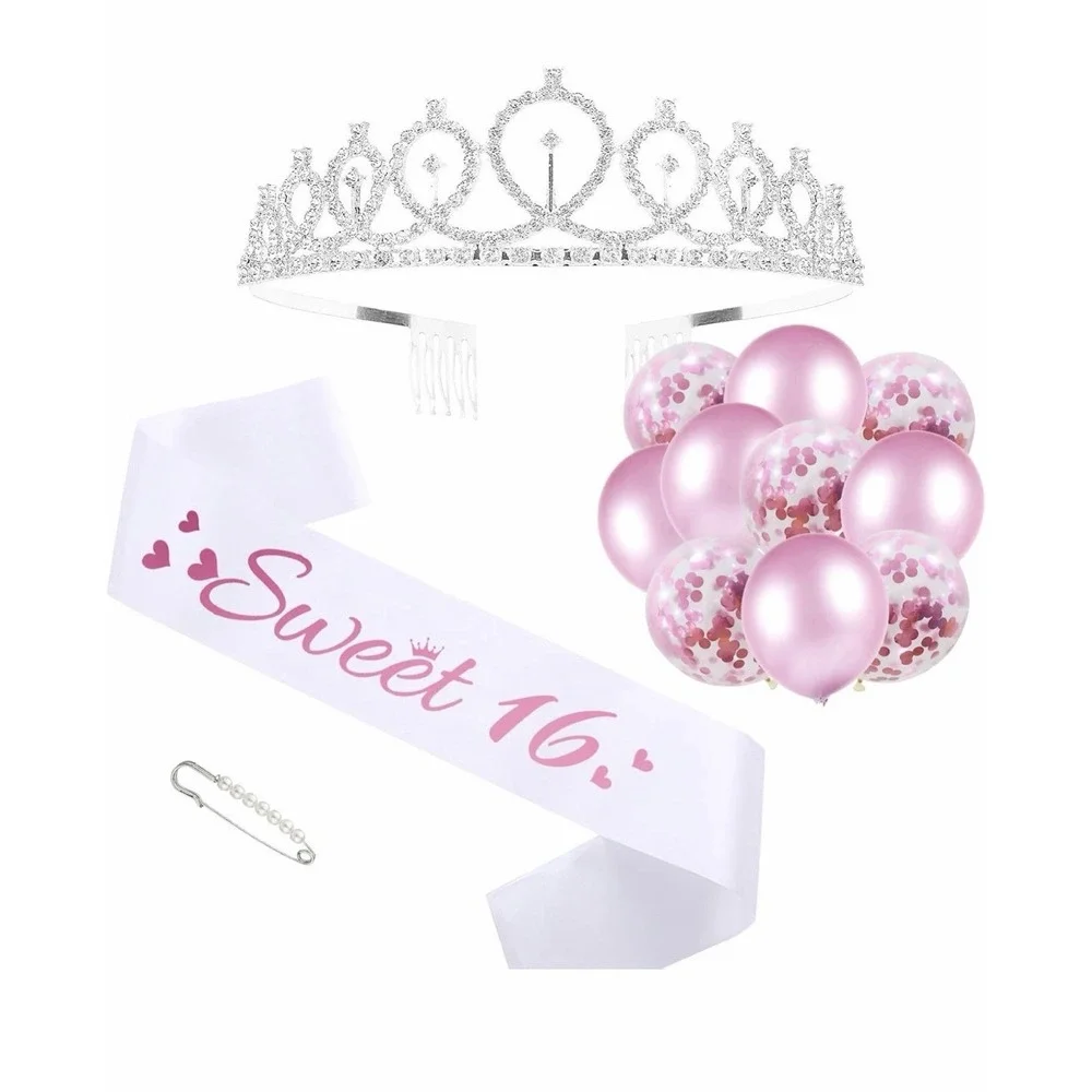 Sweet 16 Sash and Rhinestone Tiara, Pearl Pin & 10 Balloons NEW